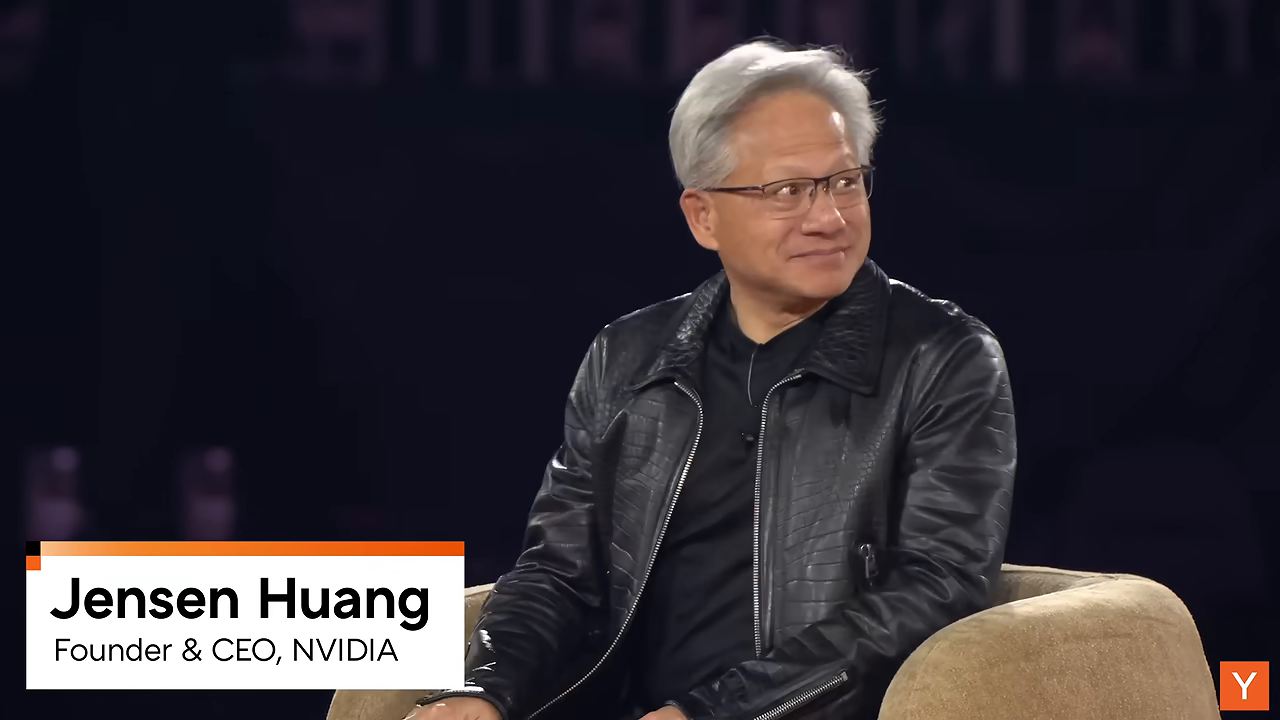 화면 하단 이름표에 'Jensen Huang / Founder & CEO, NVIDIA'로 소개된 대담 장면