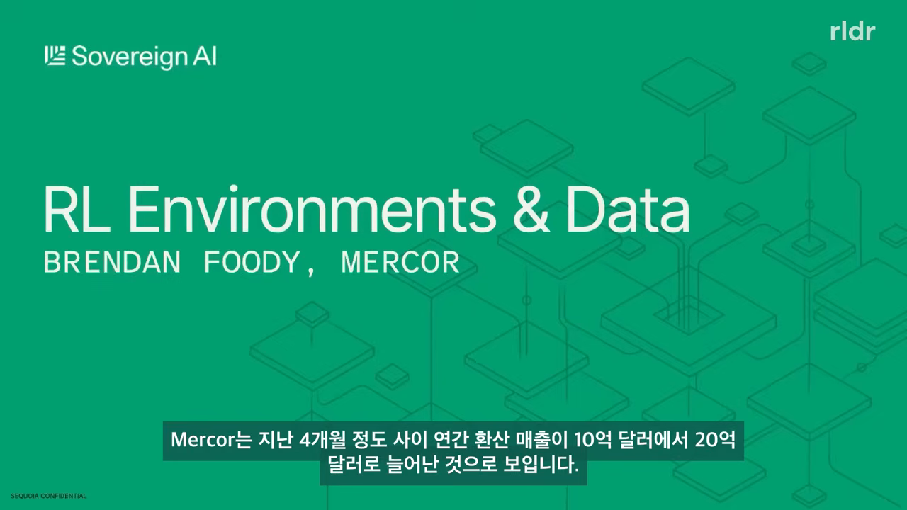 발표 표지 슬라이드 — 'RL Environments & Data', 하단 자막에 4개월 만의 ARR 10억→20억 달러 언급