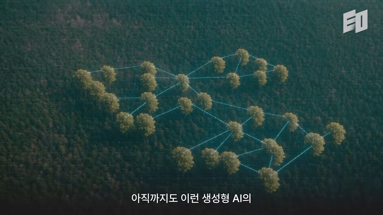 나무들이 푸른 선으로 연결된 항공 촬영 — "모든 것이 연결될 때 힘이 된다"는 그래프의 시각적 은유