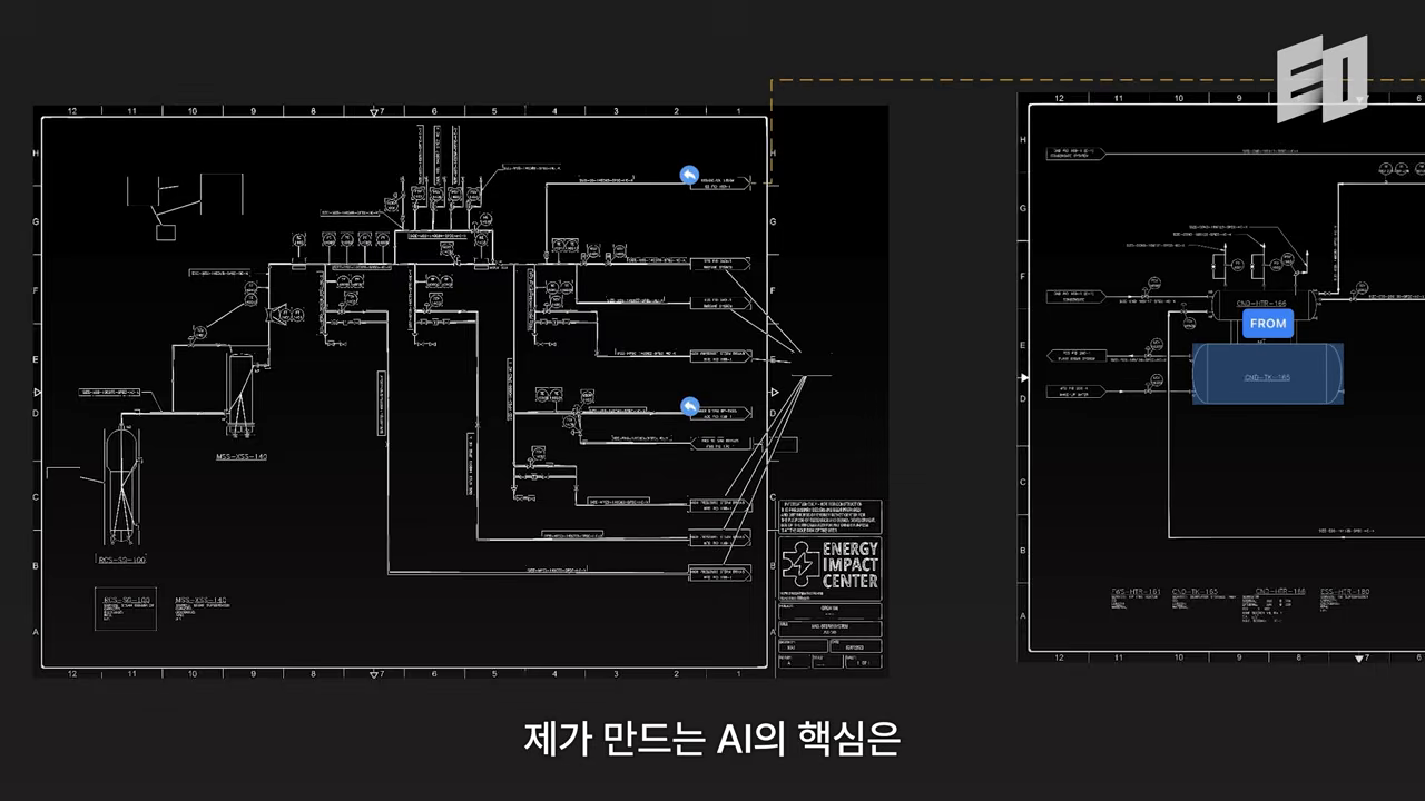 격자 좌표와 라인 식별자(CND-178-165 등)가 촘촘히 얽힌 엔지니어링 공정 흐름도(P&ID) 2장 — 사람이 읽던 도면을 기계가 읽어야 하는 대상
