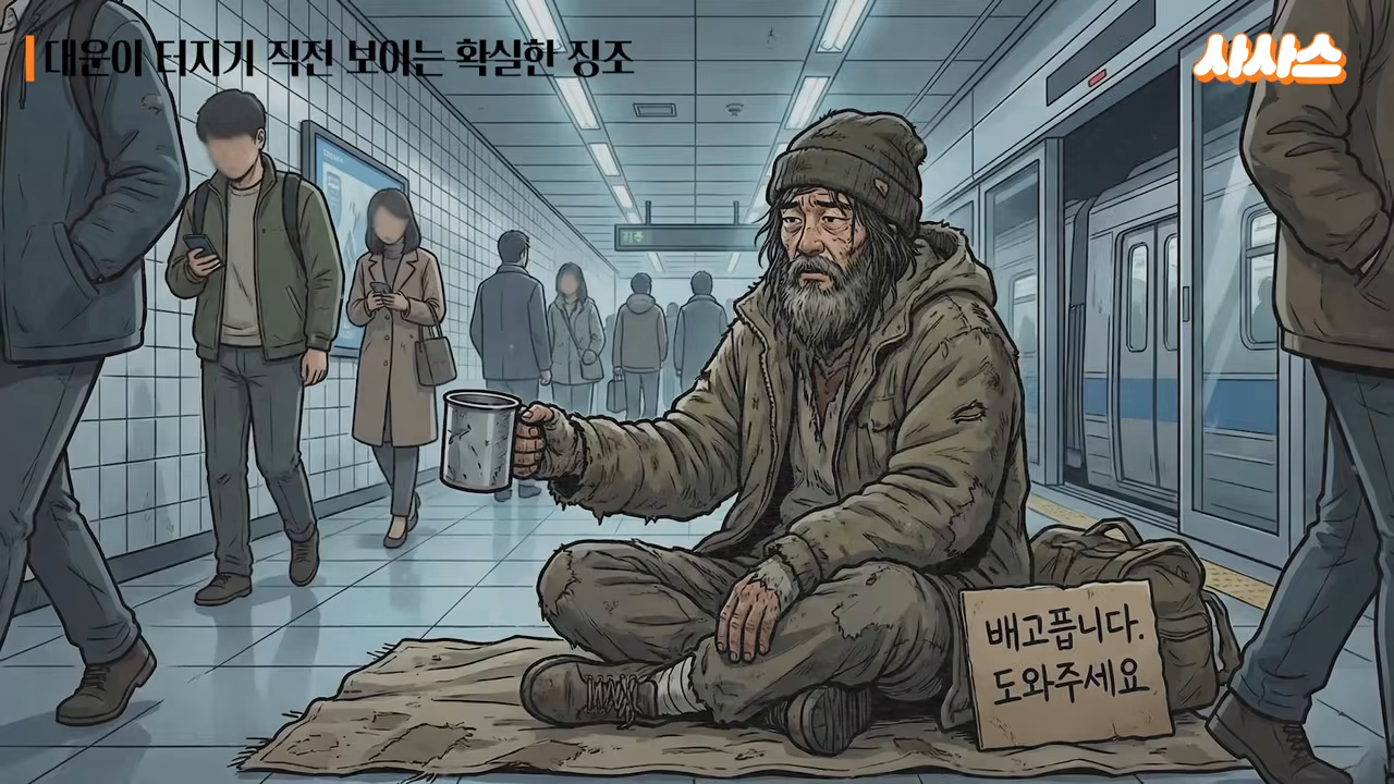 지하철역에서 컵을 내미는 노인과 무관심한 행인 일러스트 — '무섭게 가난해지는' 흐름의 시각적 은유
